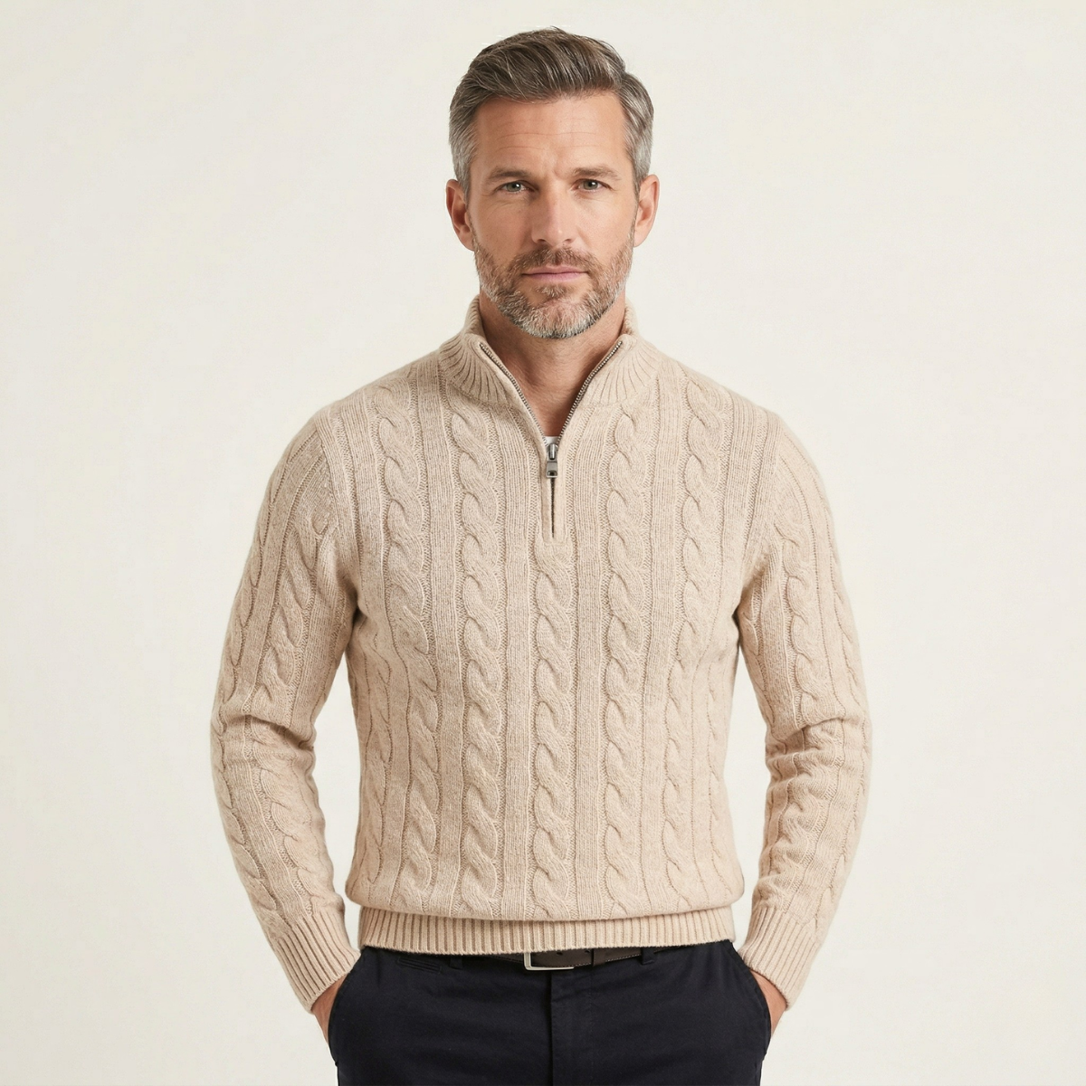 The Pesaro Men’s Cable Knit High Neck Quarter Zip Sweater