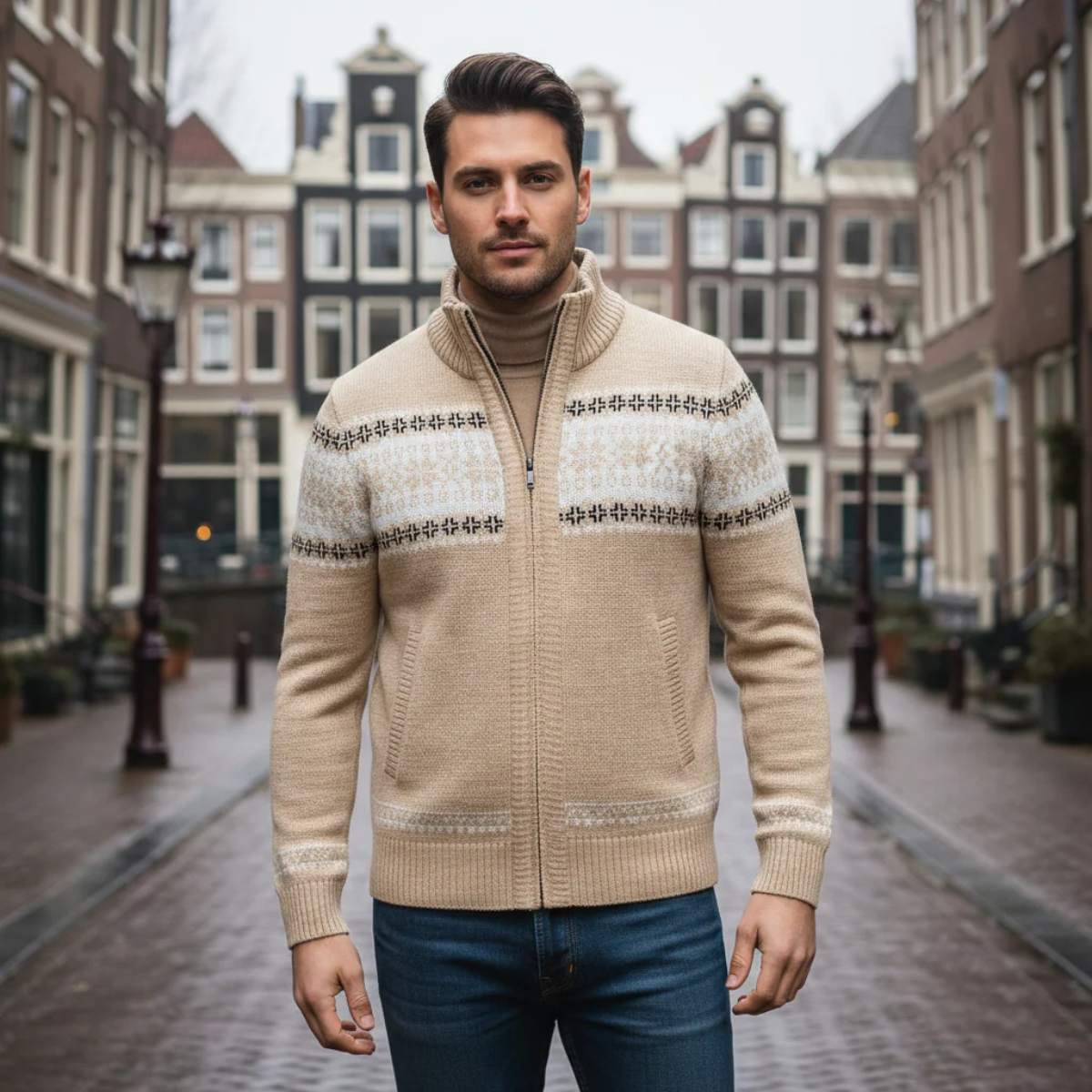 The Kingsley Men’s Winter Zip Up Knit Cardigan with Nordic Pattern