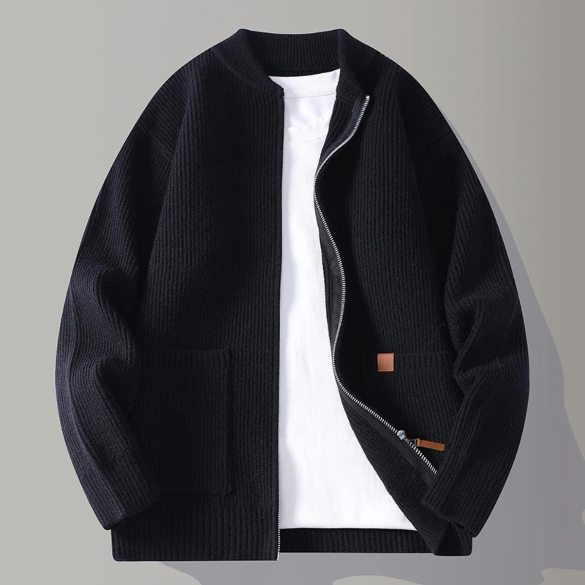 The Montbrook Men’s Stand Collar Casual Rib Knit Zip Cardigan