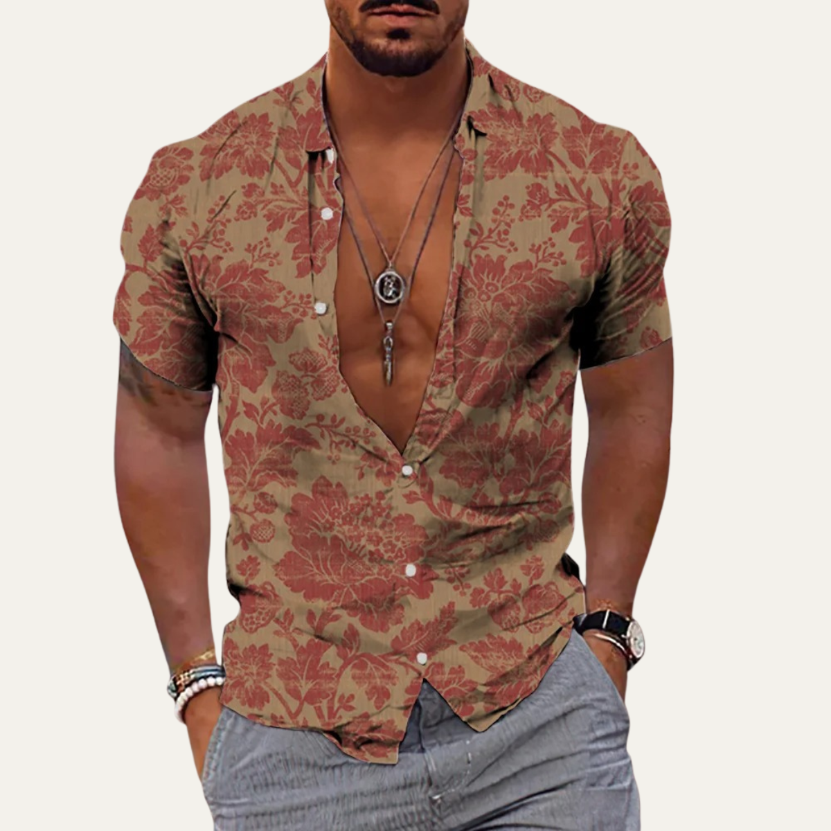 The Ridgefall Men’s Trendy Tropical Coconut Print Hawaiian Beach Shirt