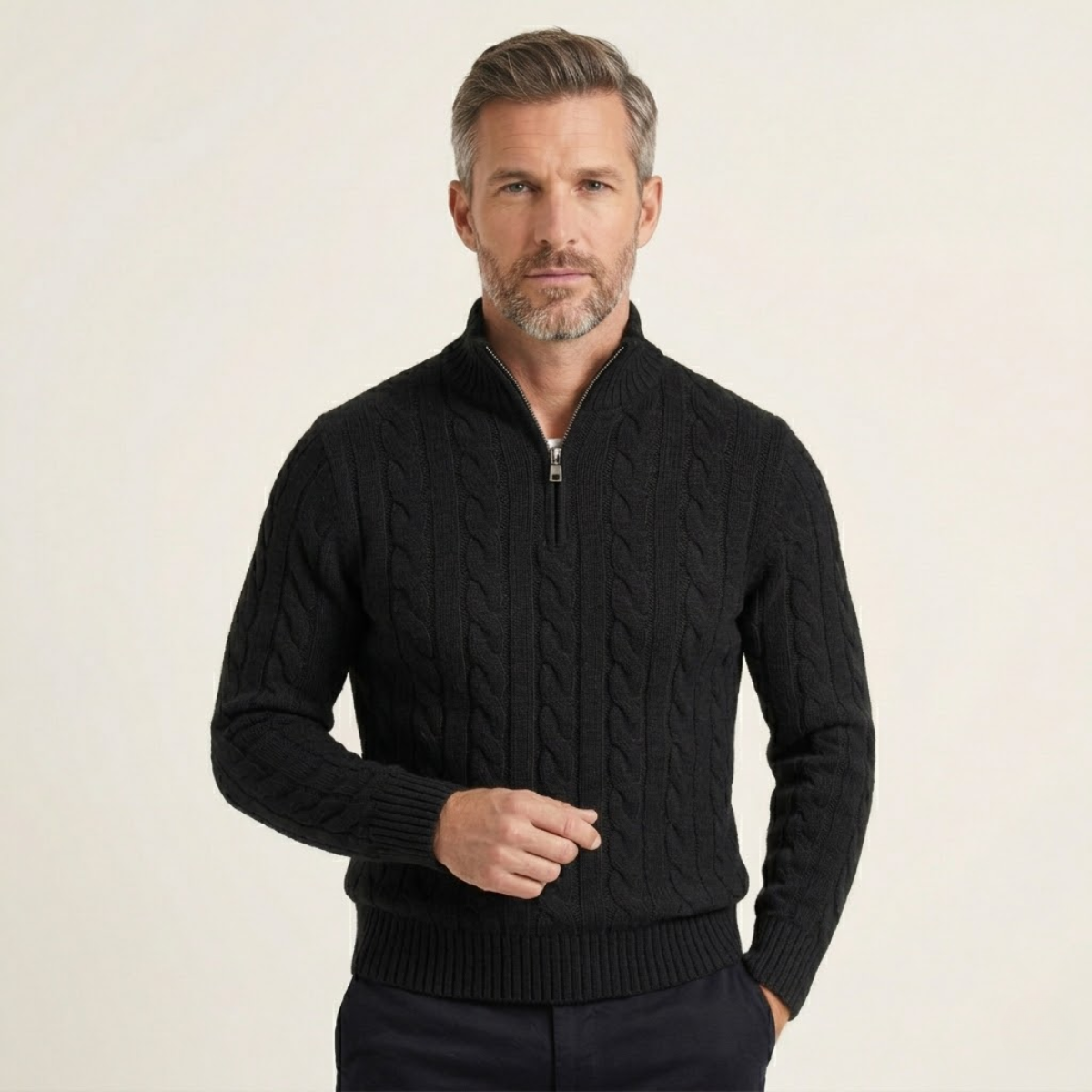 The Pesaro Men’s Cable Knit High Neck Quarter Zip Sweater